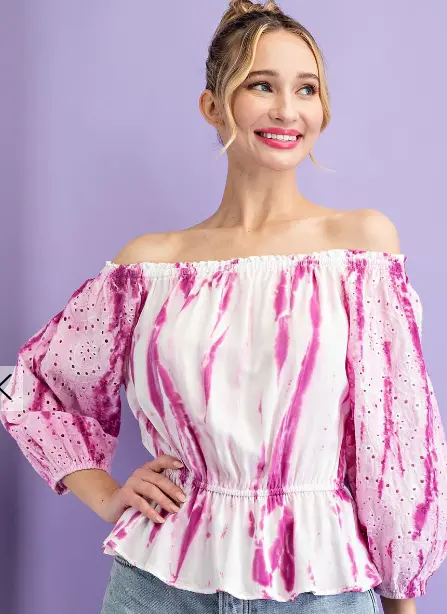 Tie Dye Eyelet Off Shoulder Top 1