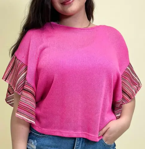 Keep Me Updated Pink Knit Top With Striped Sleeves 1