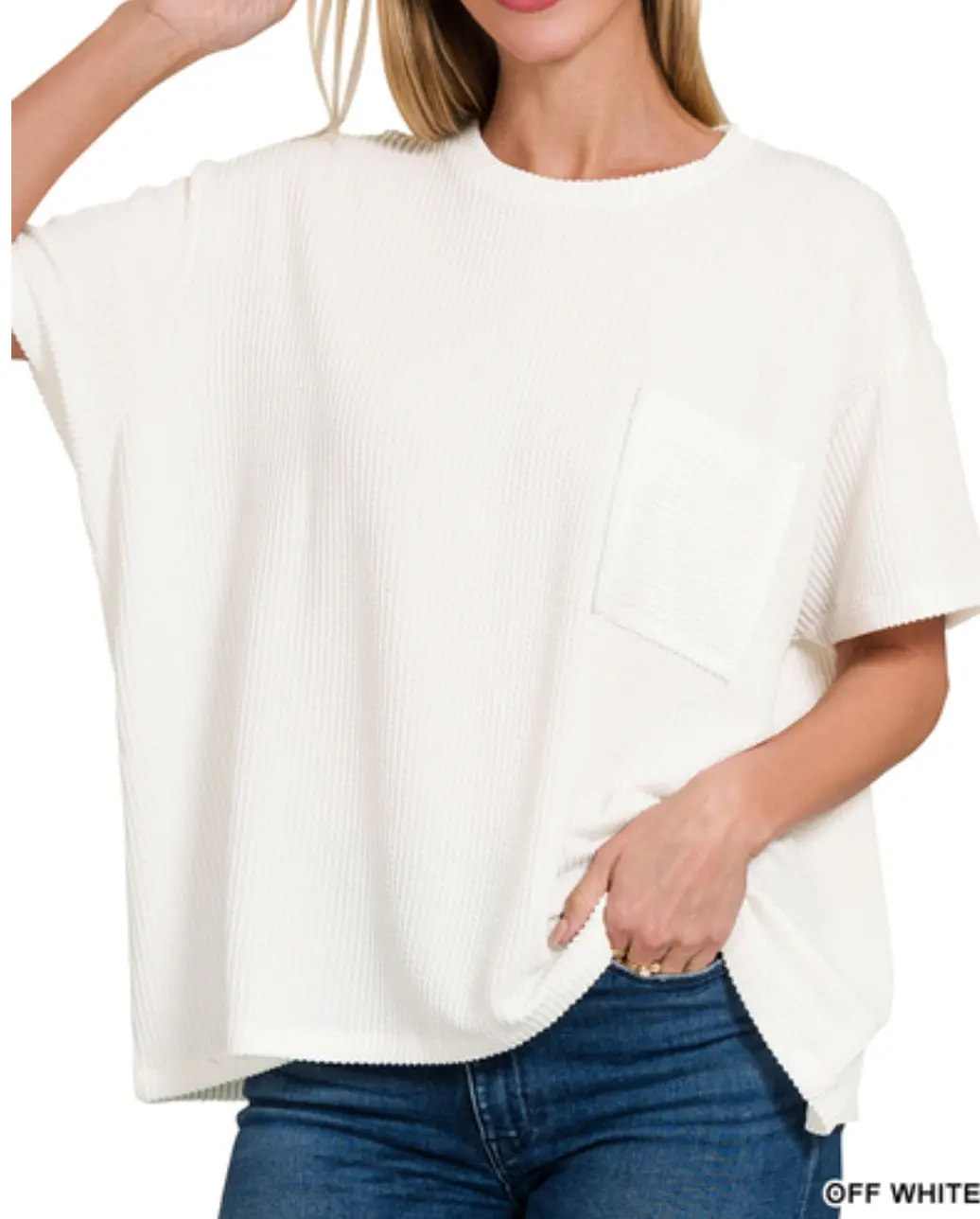 Corded Rib Short Sleeve Front Pocket Top White 1