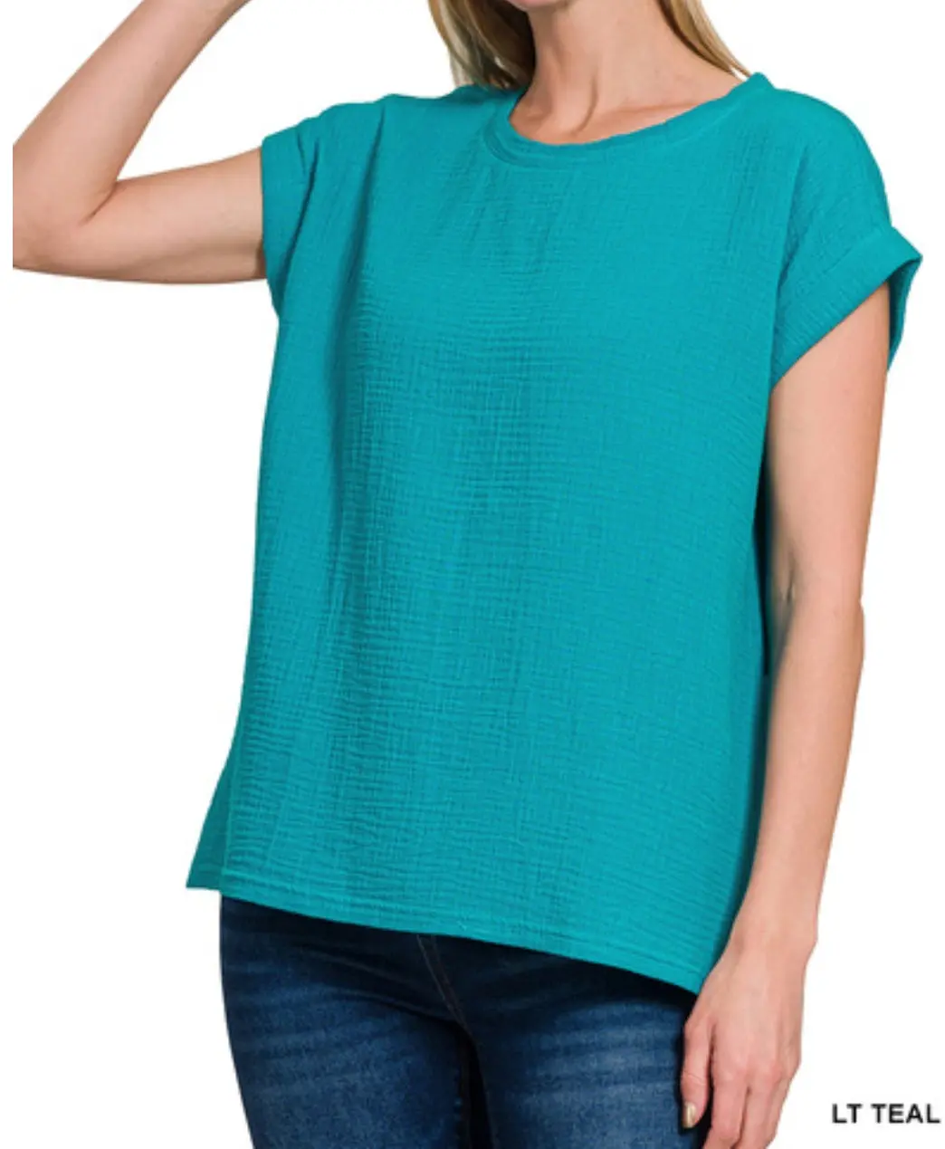 Double Gauze Round Neck Folded Short Sleeve Top 1
