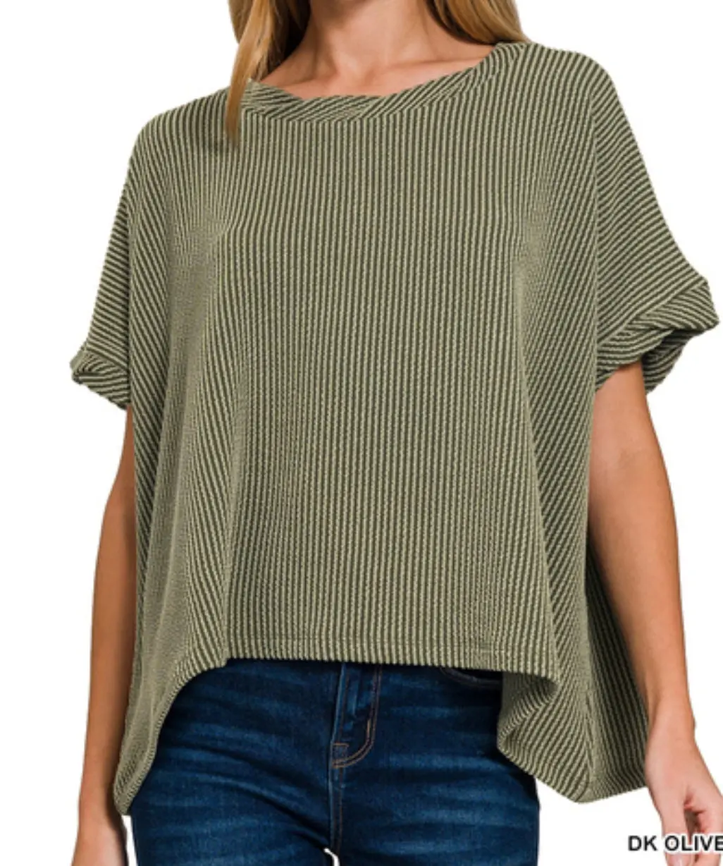 Olive Textured Line Short Twisted Sleeve Top 1