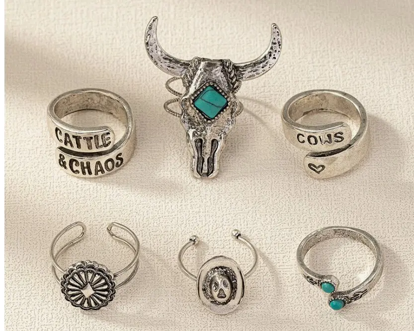 6 Pcs Western Style Turquoise Stone Decor Cattle Cow Head Cowboy Hat Statement Rings Set For Women 1