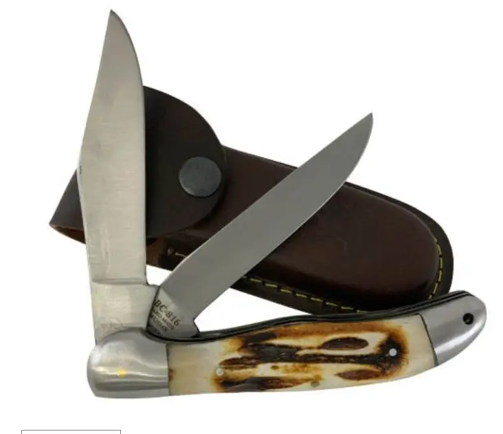 The Bone Collector - Bone Handle 2 Blades Folding Knife With Sheath 5" 1