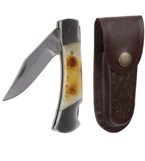 Bone Handle Lockback 5" Pocket Knife With Sheath 1
