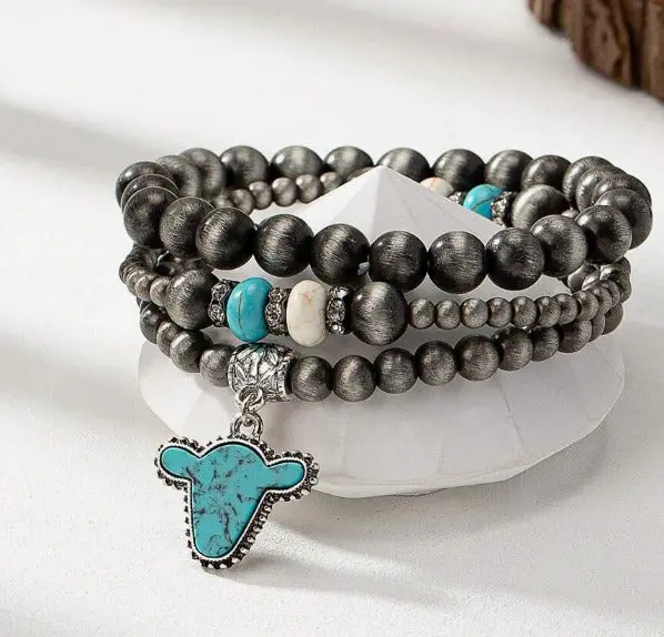 3 Pcs Western Style Turquoise Stone Decor Cow Head Charm Faux Navajo Faux Pearl Stacked Beaded Bracelets Set For Women 1