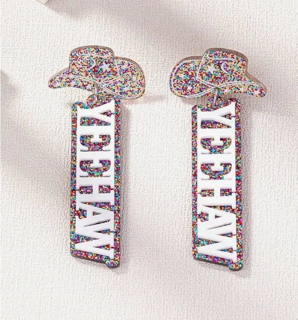 1Pair Exaggerated Acrylic Western Cowboy Hat & Yeehaw Letter Pendant Earrings For Women 1