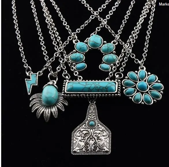 1 Pc  Vintage Western Cowboy Style Turquoise Charm Pendant Chain Necklace, Suitable For Women's Daily Wear 1