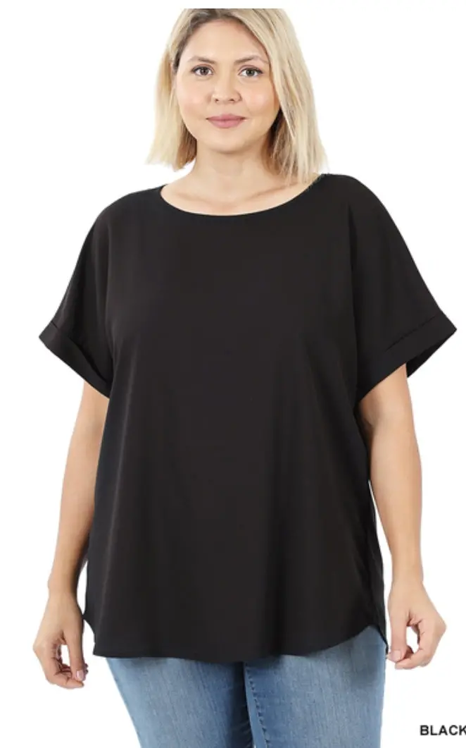 Woven Heavy Dobby Rolled Sleeve Boat Neck Top 1
