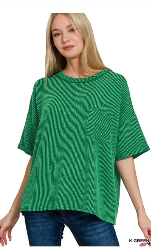 Corded Rib Short Sleeve Front Pocket Top 1