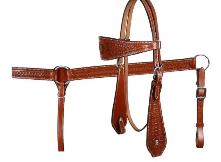 Showman Double Stitched Leather Wide Browband Headstall And Breast Collar Set With Floral And Basketweave Tooling 1