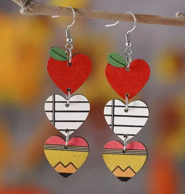 Apple Book Pencil Heart Earrings 1