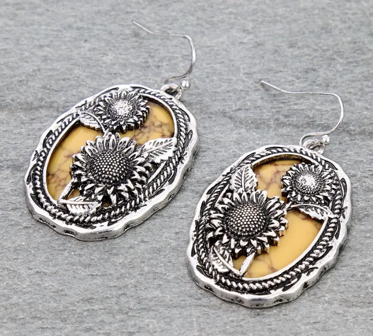 Western Sunflower Cutout Oval Dangle Earrings 1
