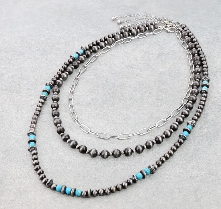 3 Layer Navajo Style Pearl, Bead & Chain Necklace 1