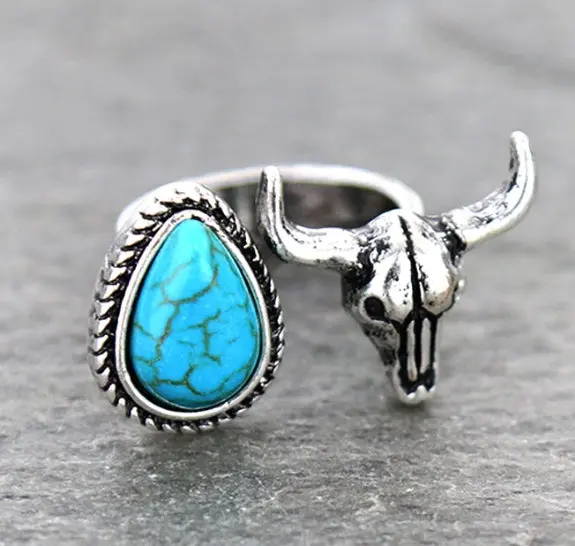 Western Steer Skull Stone Cuff Ring 1