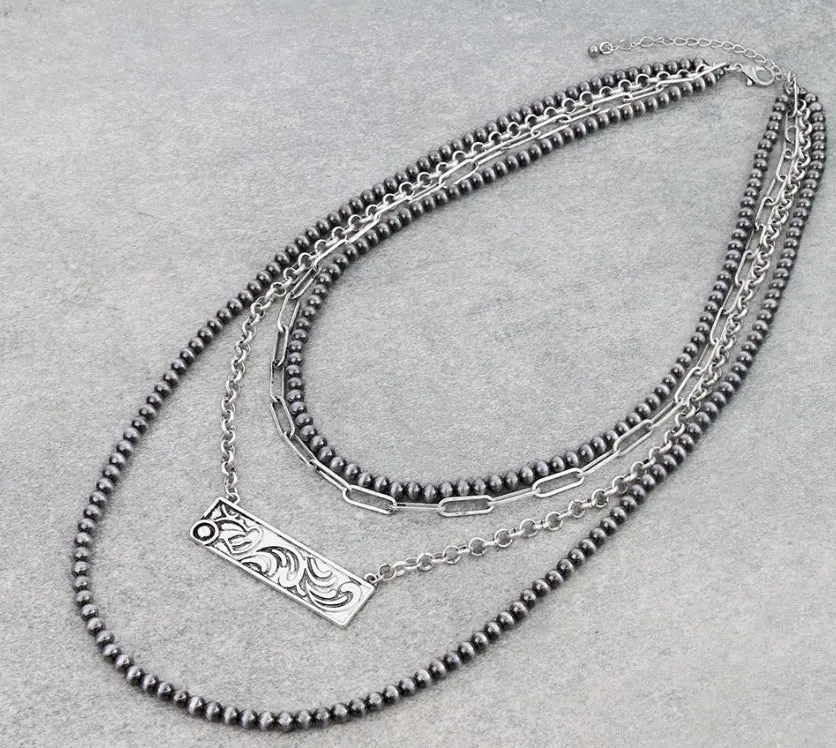 4 Layered Navajo Style Pearl With Bar Necklace 1