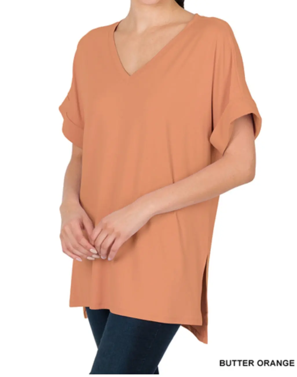 Brushed Dty Rolled Short Sleeve V-Neck Top 1