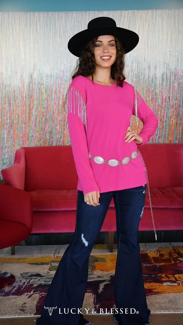 Pink Rhinestone Fringe Upper Arm Long Sleeve Top 1