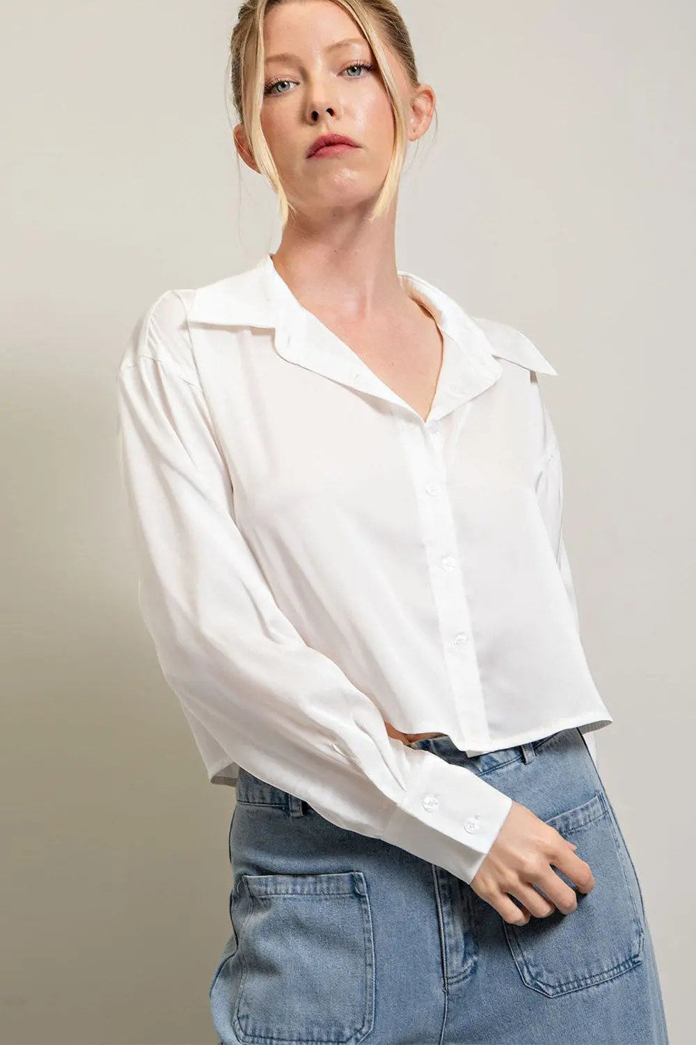 Cropped Button Down Shirt Top Off White 1