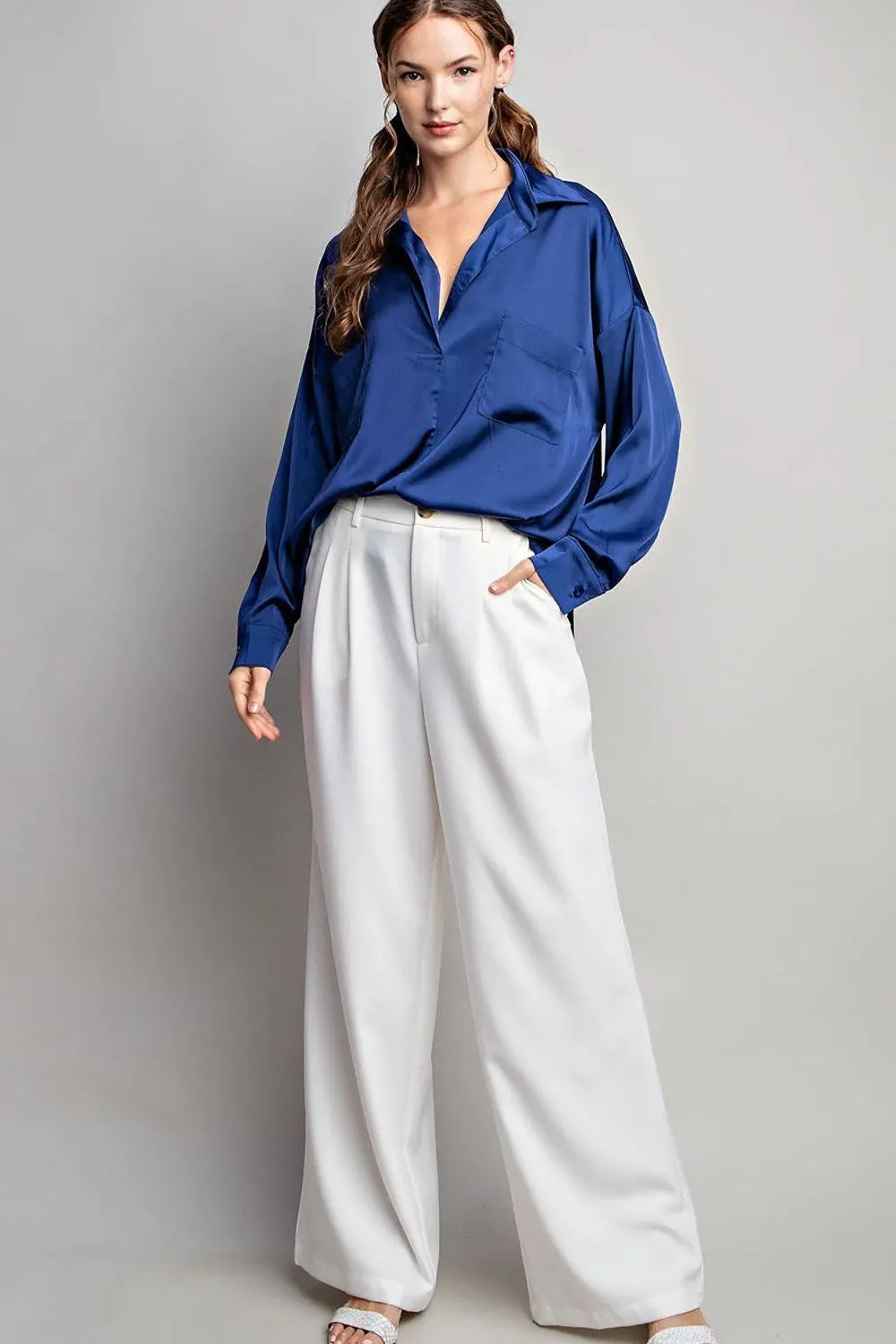 Satin Tab Collar Long Sleeve Top 3