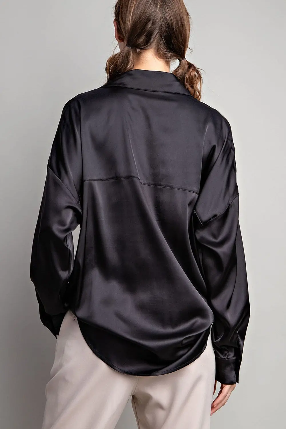 Satin Tab Collar Long Sleeve Top - Black - Medium 1