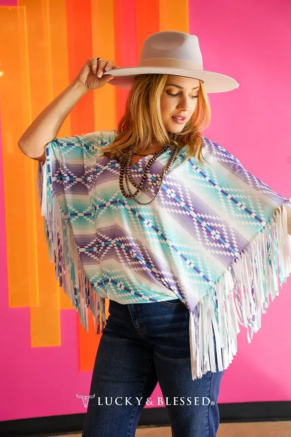 Mint Lavender Serape Fringe Sleeve Top 1