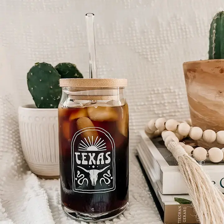 Texas Glass Cup (With Lid And Straw) 1