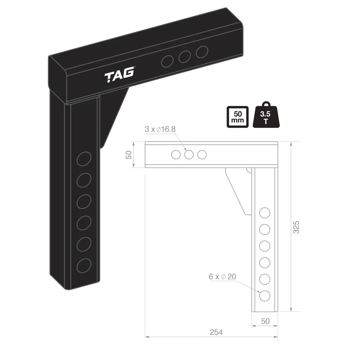 Tag Adjustable Weight Distribution Shank, 50Mm Square Hitch, 100Mm Drop (3.5T) 2