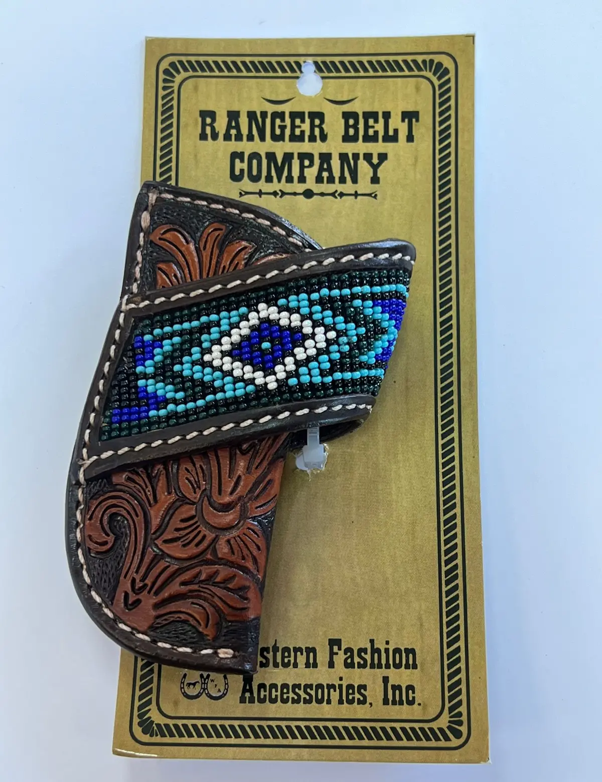 Knife Sheath, 4" Lthr, Blue  Beaded Floral 1
