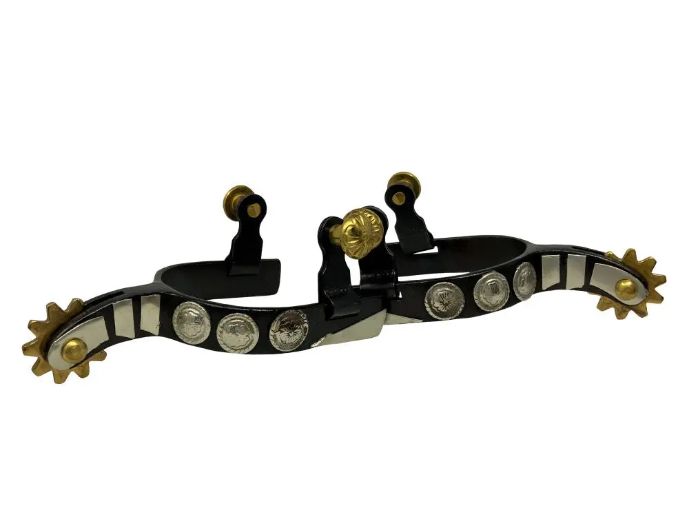 Showman Youth Black Steel Spurs With Three Engraved Conchos, Silver Plates, And Brass Rowel And Buttons 1