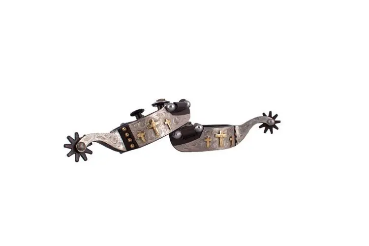 Showman ® Youth Size Brown Steel Spur With Brass Crosses And Brass Studs With Silver Engraved Overlay. 1