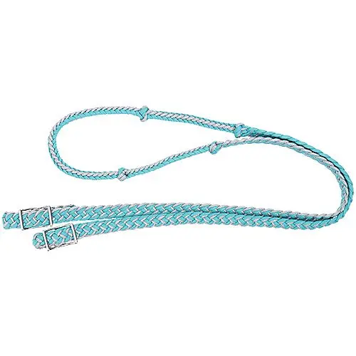 Tough1® Metallic Cord Knotted Roping Reins- Turq/Silver 1