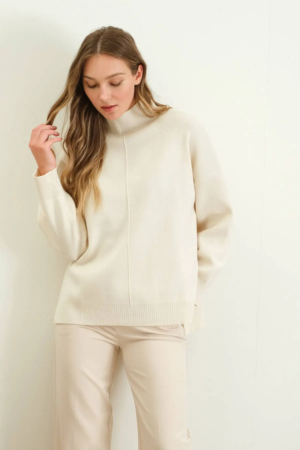 Mock Neck Front Seam Pullover Sweater 1