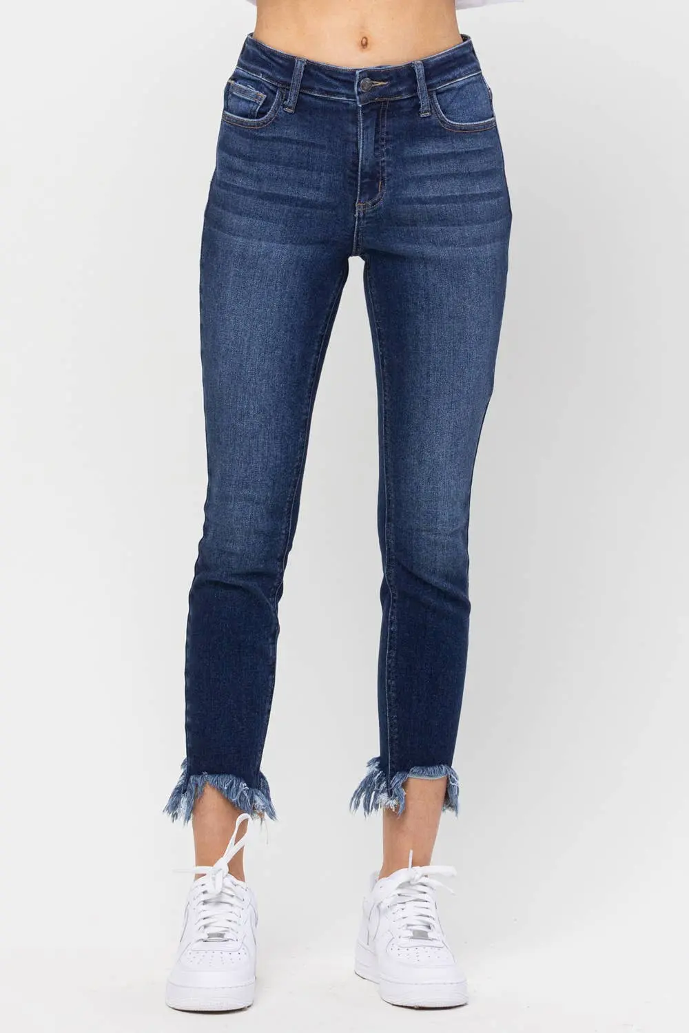 Mid Rise Chew Hem Skinny Jeans- Dark Wash 1