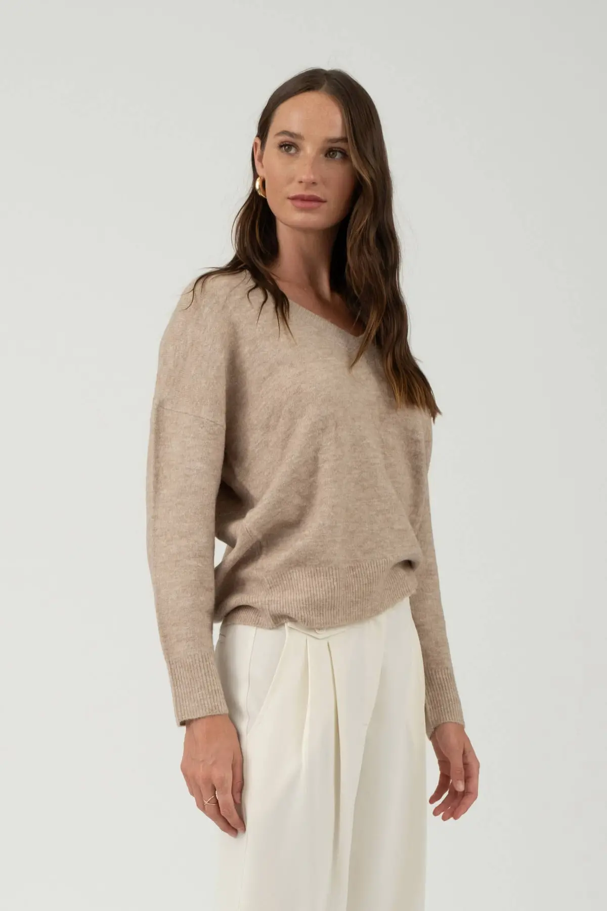Solid V Neck Drop Shoulder Knit Sweater 1