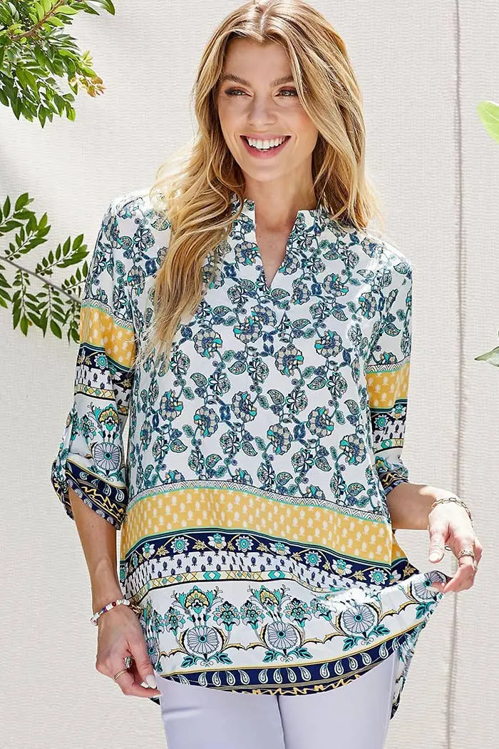 Women Multi Floral Collar Roll Up Sleeve Top 2