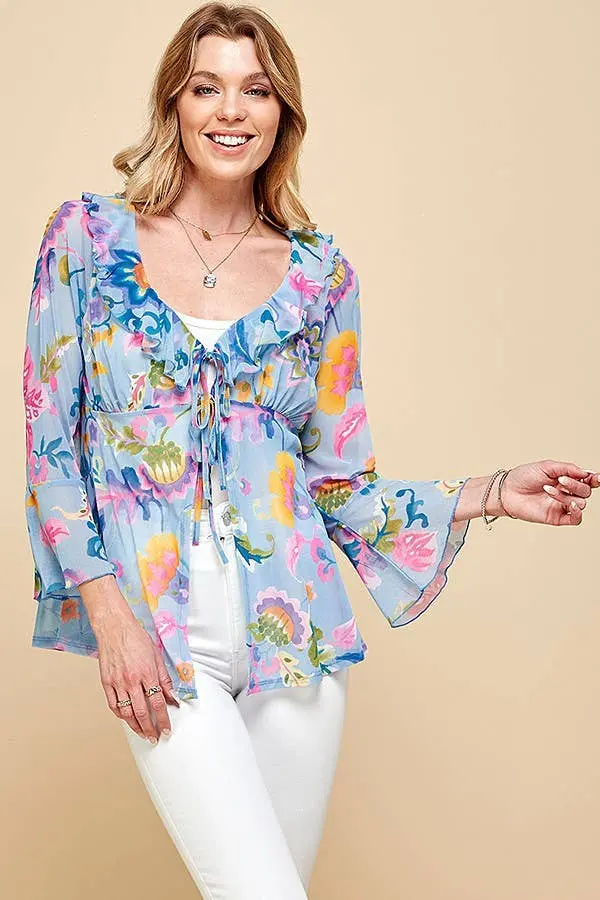 Women Mesh Floral Tie Front Bell Sleeve Top 1