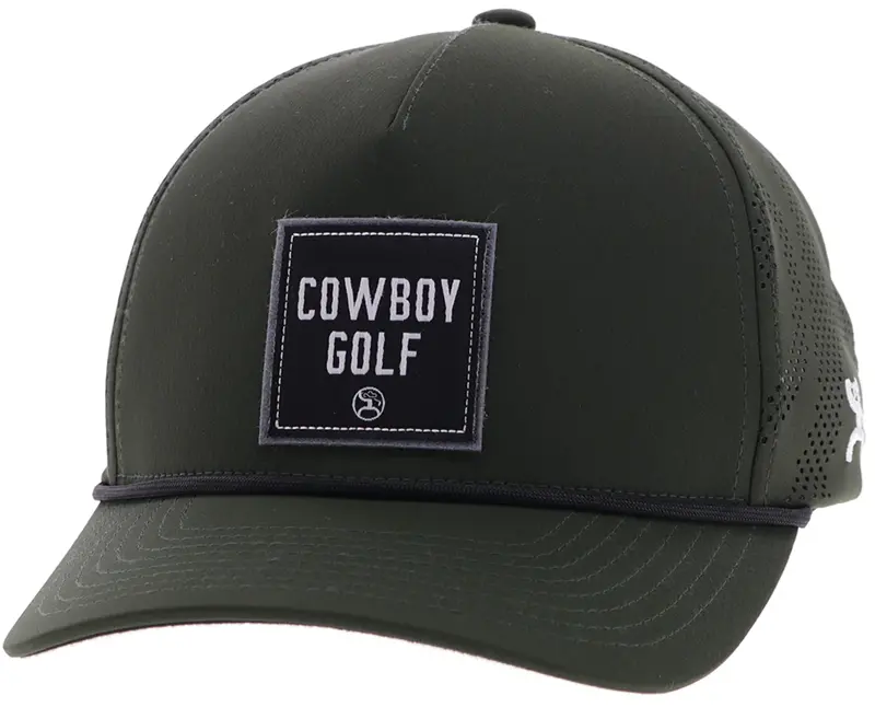 "Cowboy Golf" Hat Olive Green With Black & White Square Patch 1
