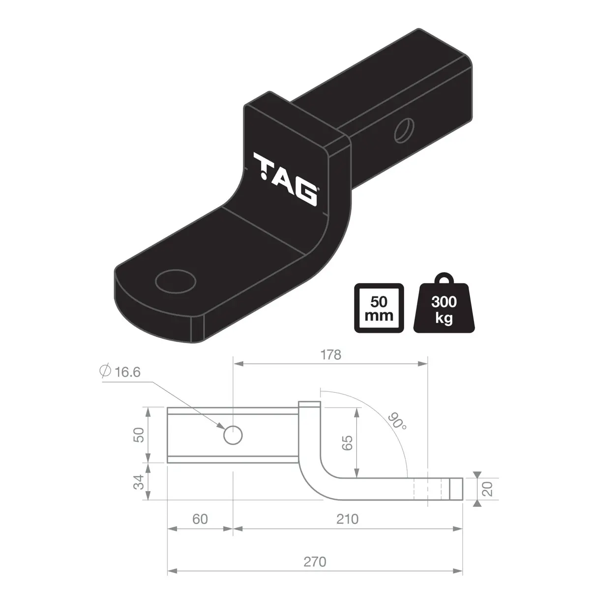 Tag Tow Ball Mount - 178Mm Long, 90° Tongue Face, 50Mm Square Hitch 2