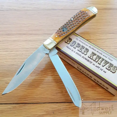 Roper - Viper Trapper Pocket Knife 1065 Carbon Steel Blades Brown Bone Handle 1