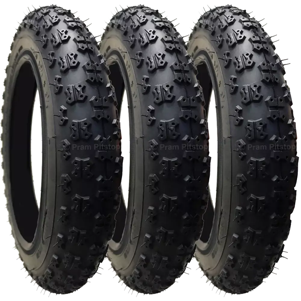 3 Pack - 12 1/2 X 2 1/4” Pram Tyres (Black) Proven Chunky / Easy-Rolling Tread Pattern 1